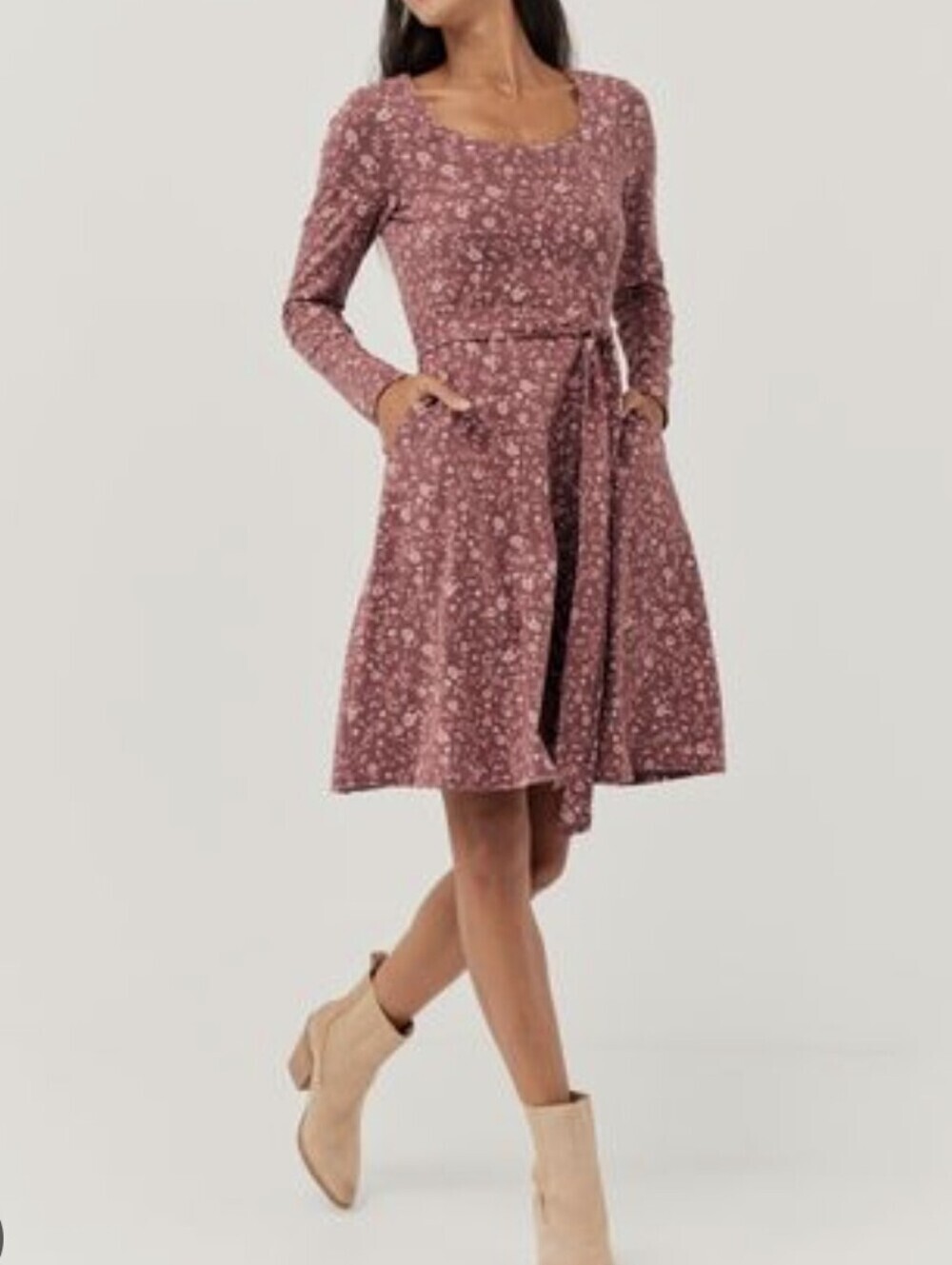 Pact Organic Cotton Pink Purple Floral Fit & Flare Long Sleeve Dress Size XS